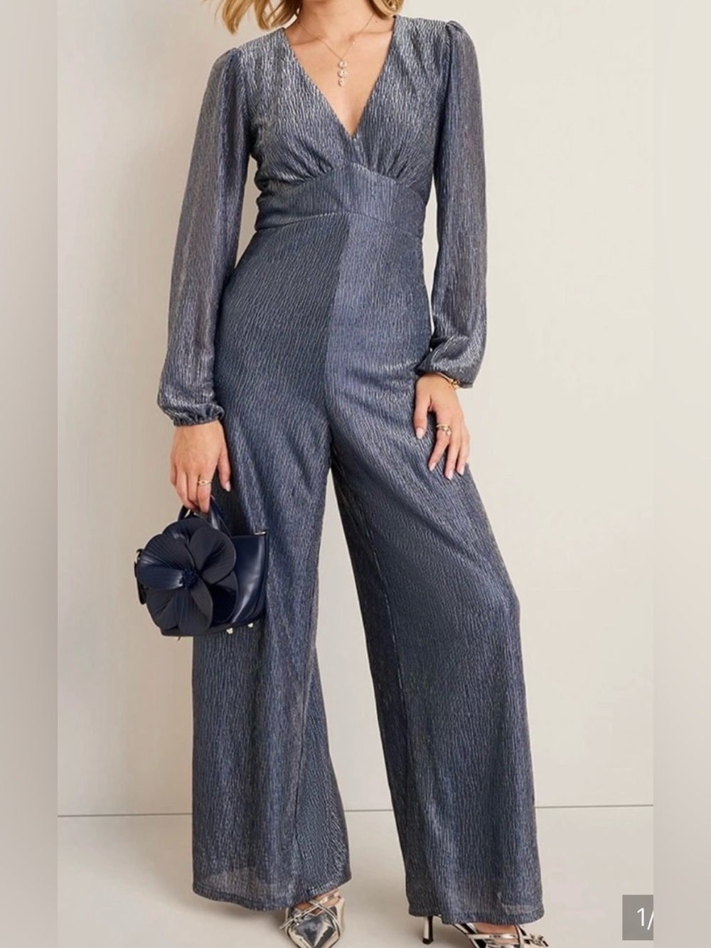 Francesca’s NWT Kelly V-Neck Long Sleeve Shimmer Wide-Leg Jumpsuit in Slate Blue